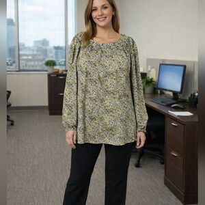 Yellow Floral Stretchy Long Ruched Sleeve Office Top Women's L Packable Career